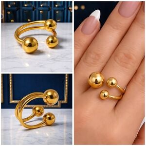 18K Gold Plated Adjustable Triple Beads Stainless Steel Statement Ring Size 7